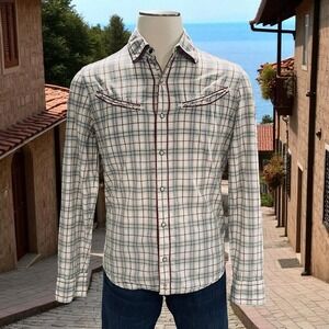 Oxygen Required Mens Pearl Snap‎ Western Plaid Shirt Size M Y2K Cowboy Grunge